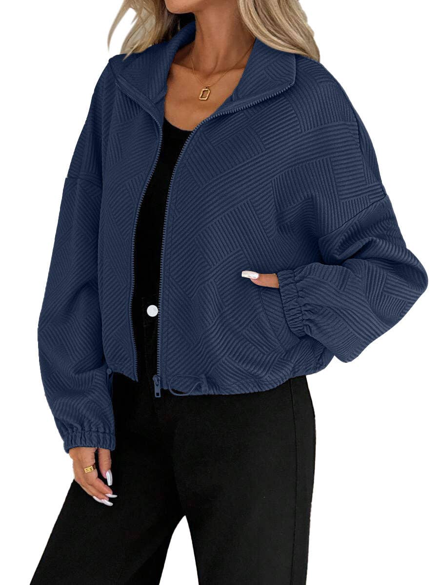 Geometric Textured Zip Up Bomber Jacket Relaxed Fit