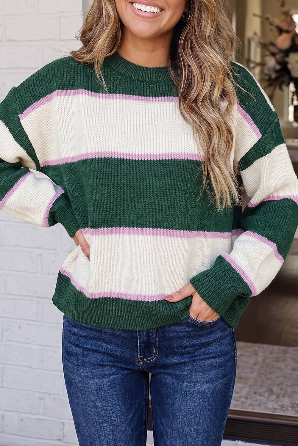 Colorblock Knit Crew Neck Sweater