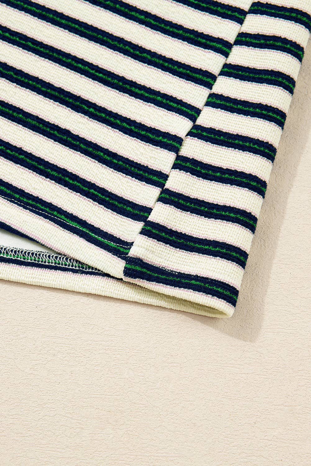 Navy Blue Striped Print Contrast Collar Zip V Neck Long Sleeve Top