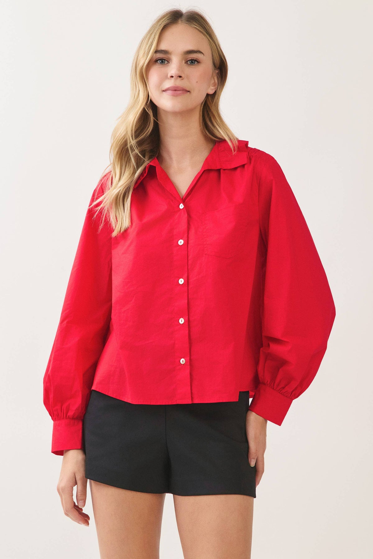 RUFFLED HIGH-NECK BUTTON DOWN SHIRT RED