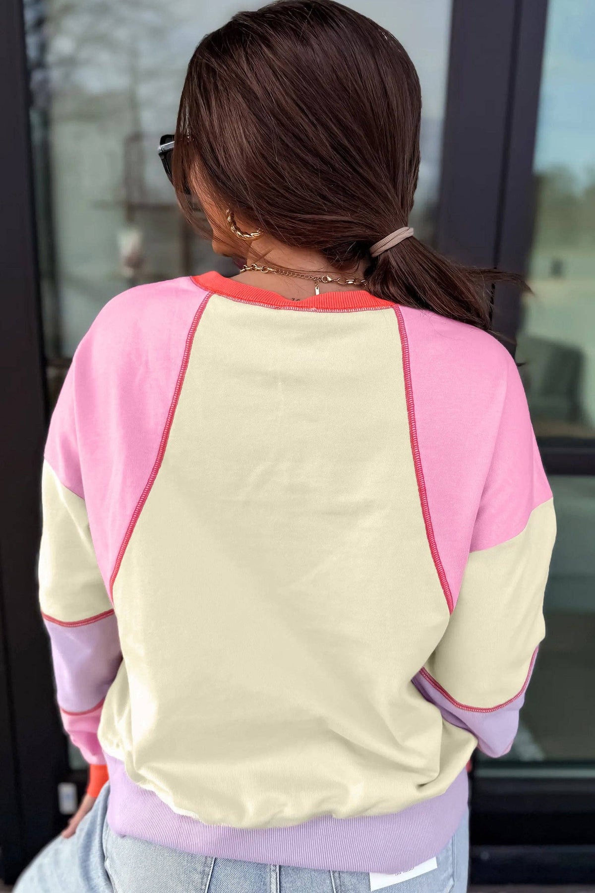 Multicolor Exposed Seam Colorblock Patchwork Pullover Long Sleeve Top