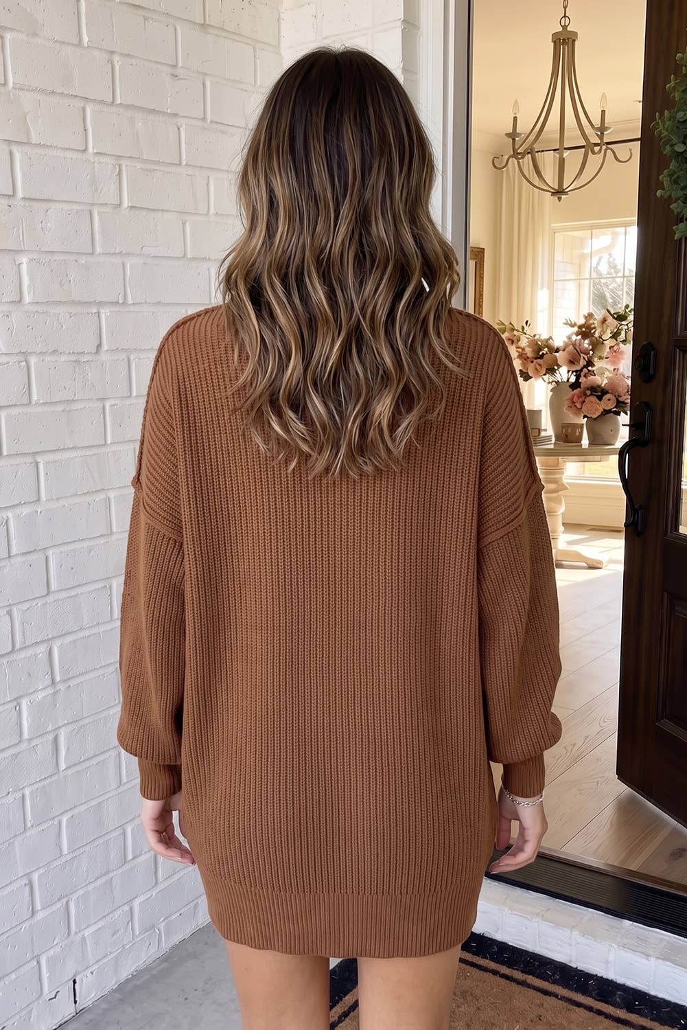 Ribbed Knit Mock Neck Regular Fit Sweater-Chestnut