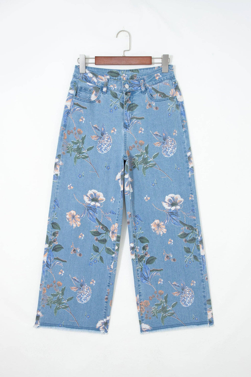 Retro Floral Print Frayed Hem Shift Jeans Boho Denim Pants