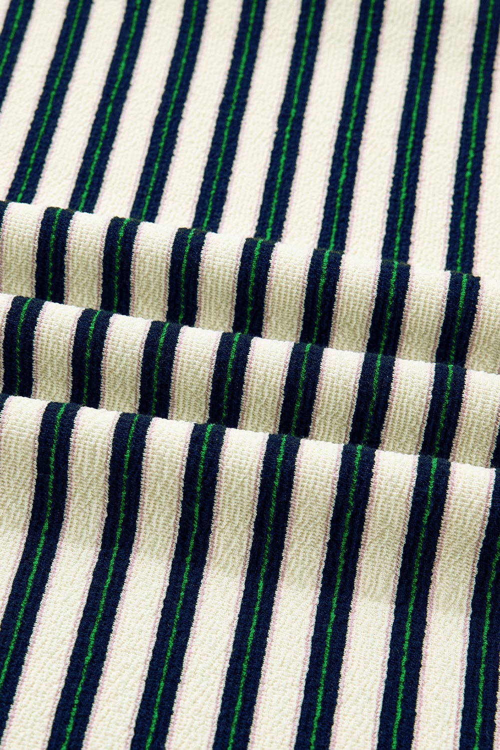 Navy Blue Striped Print Contrast Collar Zip V Neck Long Sleeve Top