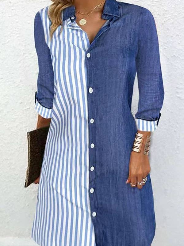 Long Sleeves Loose Asymmetric Split-Joint Striped Lapel Mini Dresses Shirt Dress: BLUE