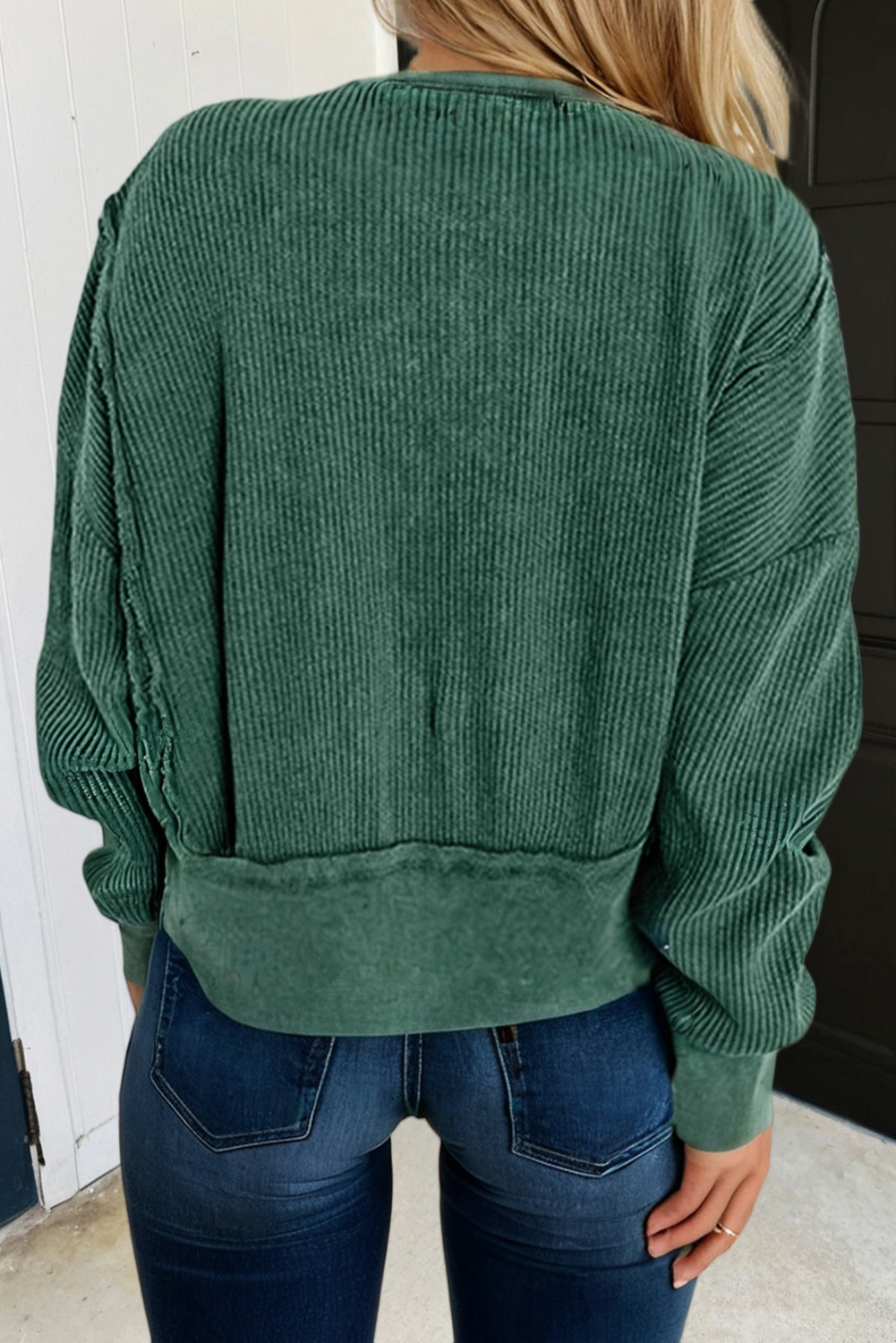 Evergreen Solid Raw Seam Patchwork Textured Sweatshirt