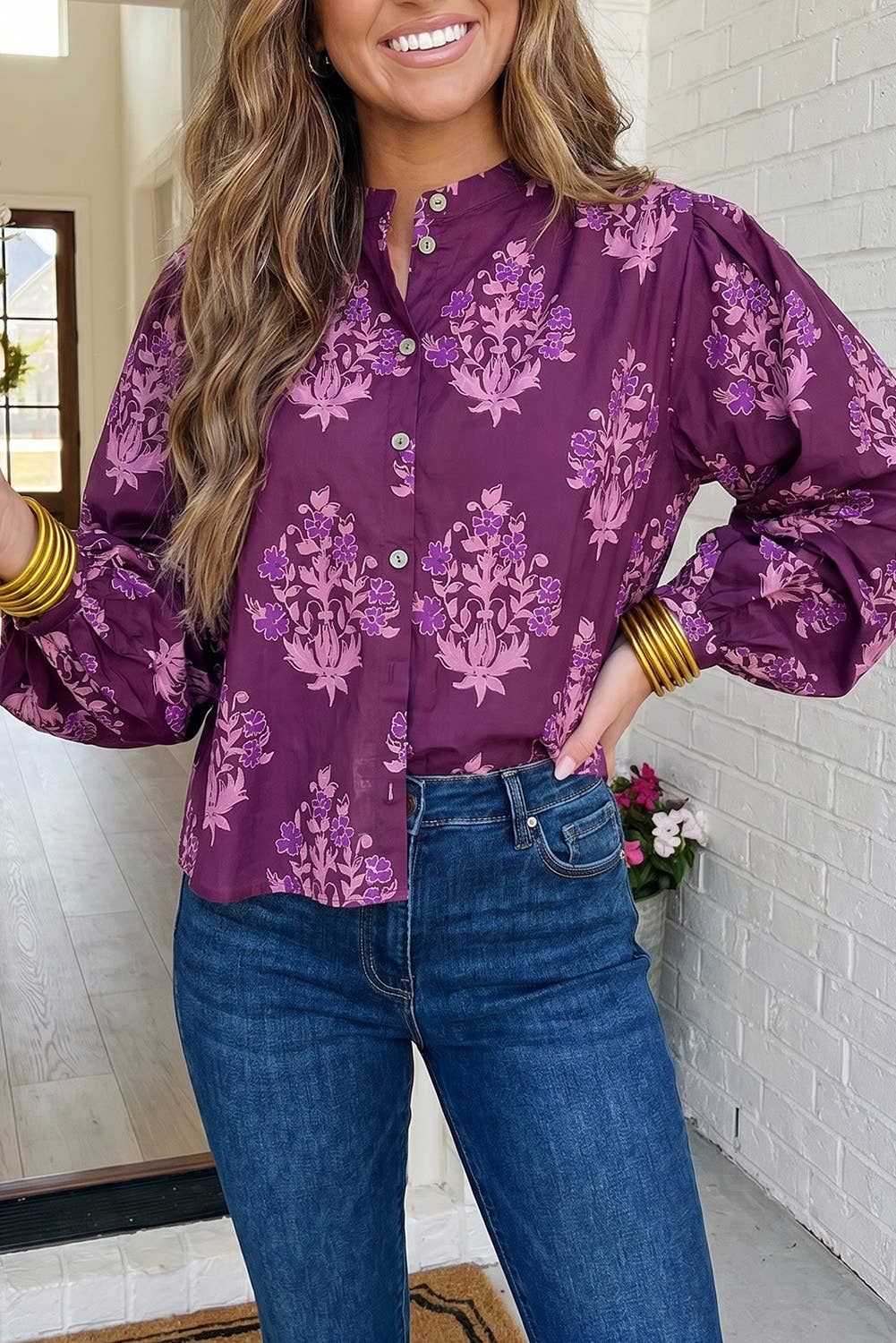 Floral Button Down Bubble Sleeve Shirt
