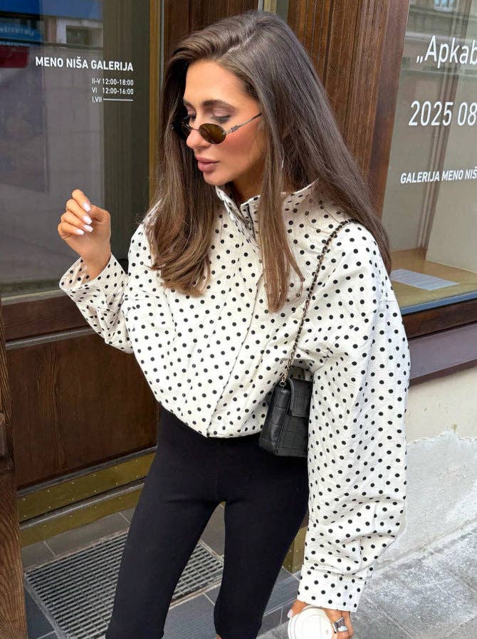 Polka Dot Woven Jacket Trendy Zip Up Stand Collar: White