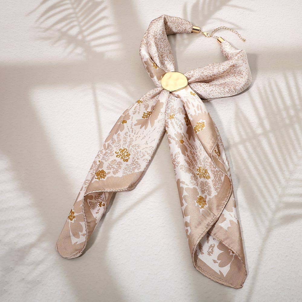 Hammered Metal Round Scarf Ring Accent Printed Fabric Scarf Necklace
