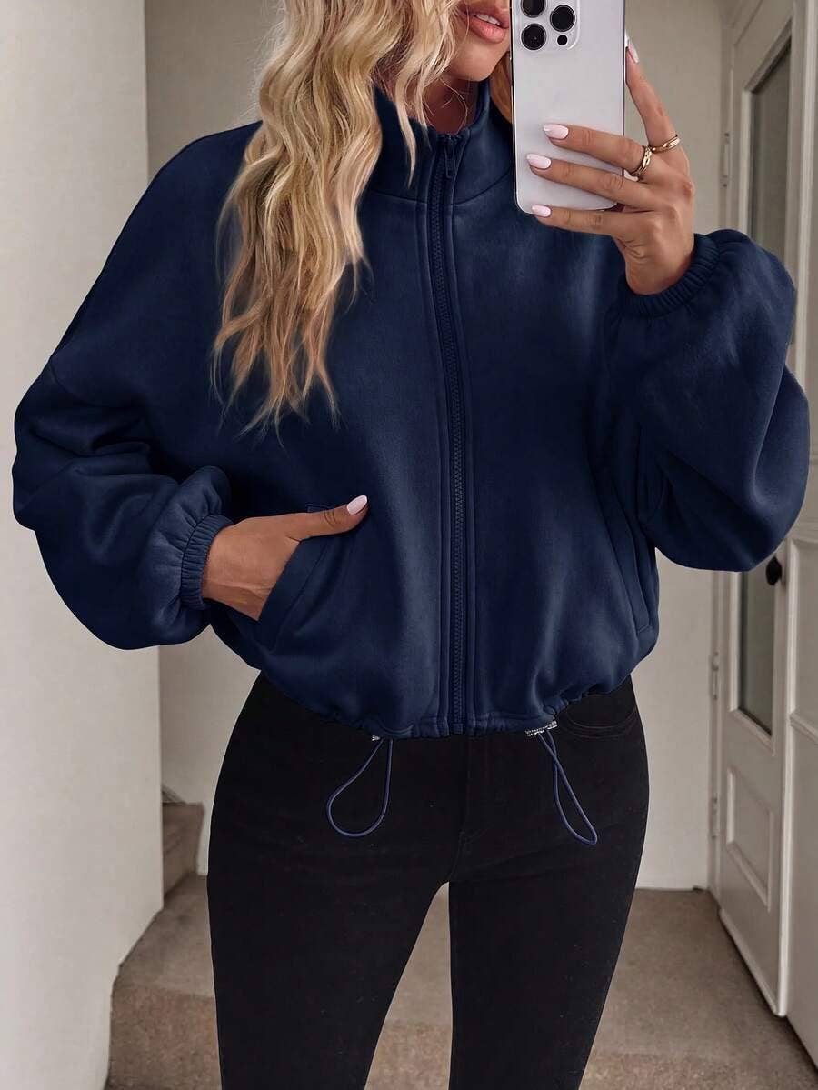 Fleece Zip Up Jacket Drawstring Casual Cropped Outerwear NAVY