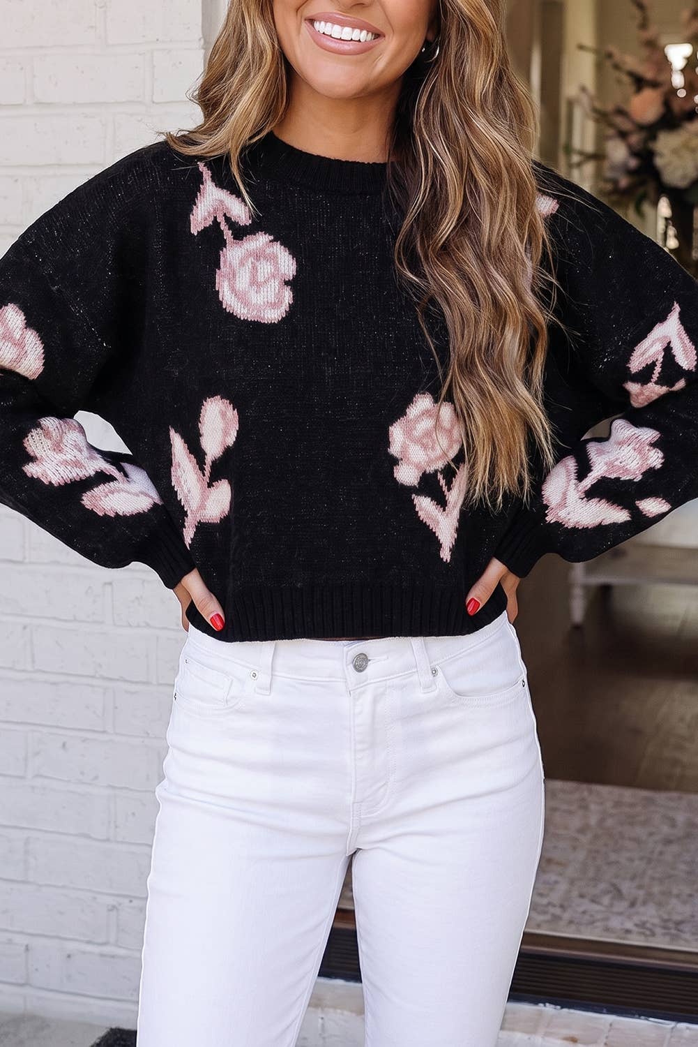 Floral Crew Neck Dropped Shoulder Sweater: Black