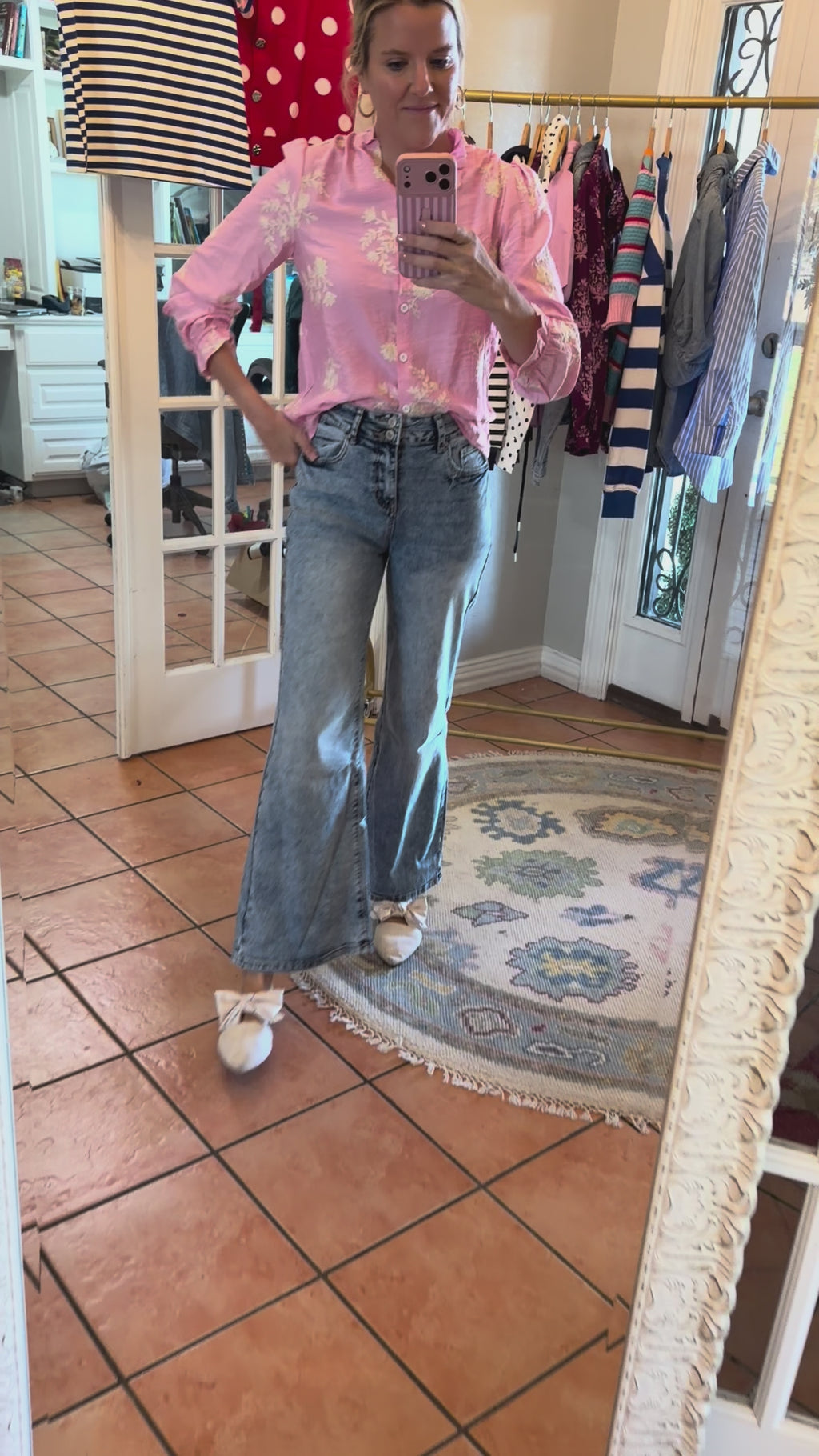 Pink Floral Detail Button-Up Blouse