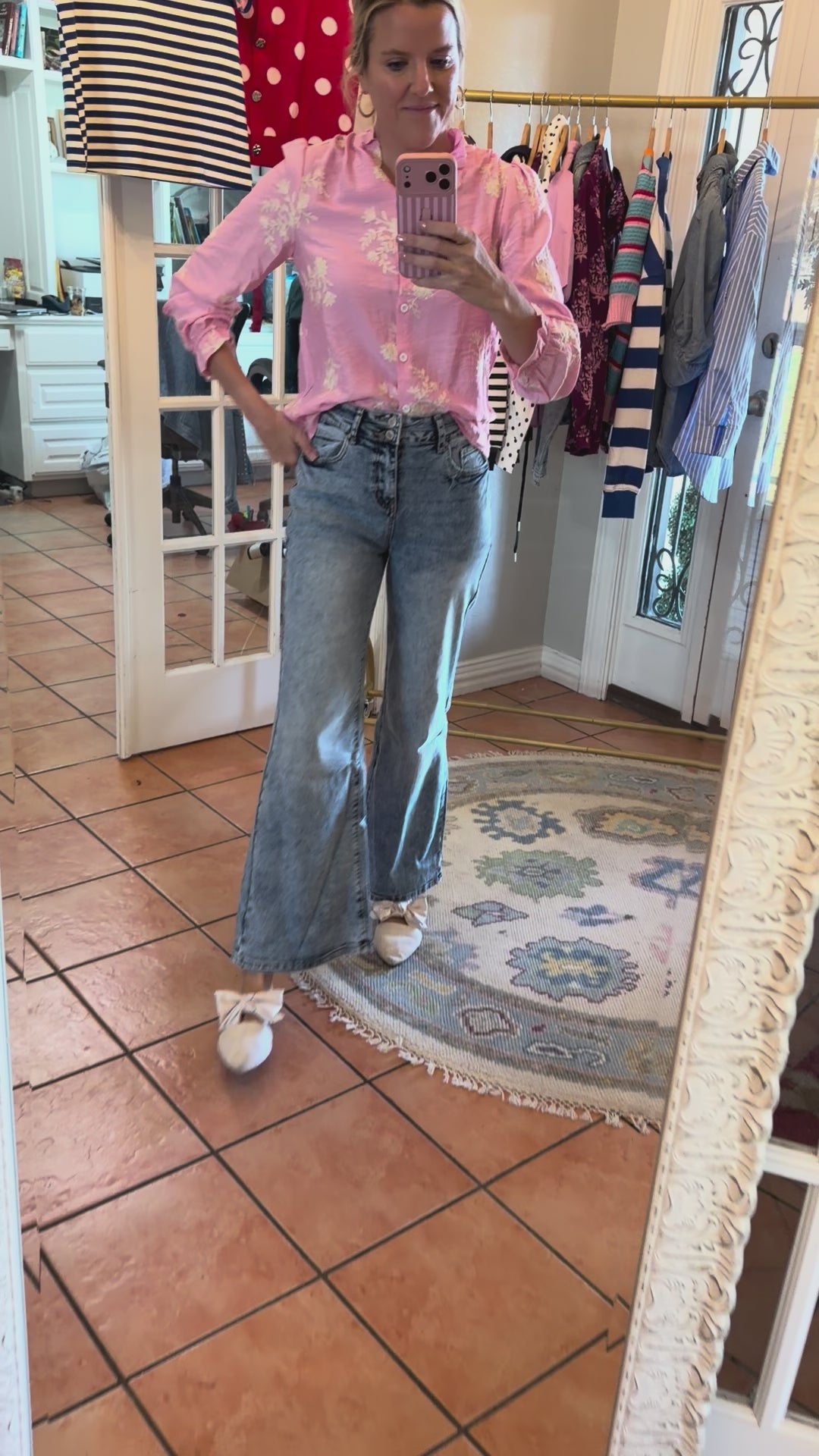 Pink Floral Detail Button-Up Blouse